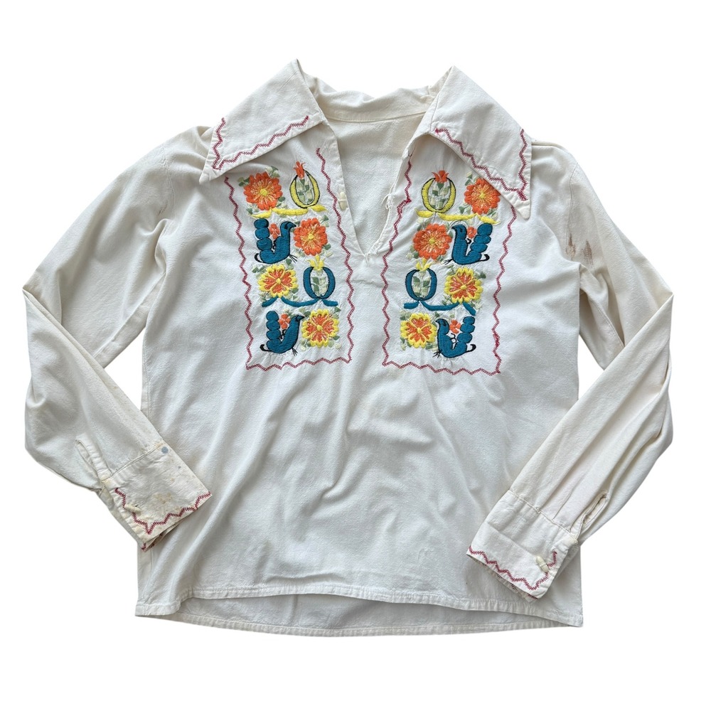 Vintage 70s Embroidered Peasant Blouse Folk Boho Dagger Collar Medium White Bird